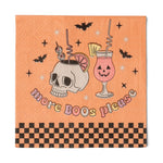 Orange cocktail napkin with a skull cup, jack-o'-lantern drink, bats and "more BOOs please"