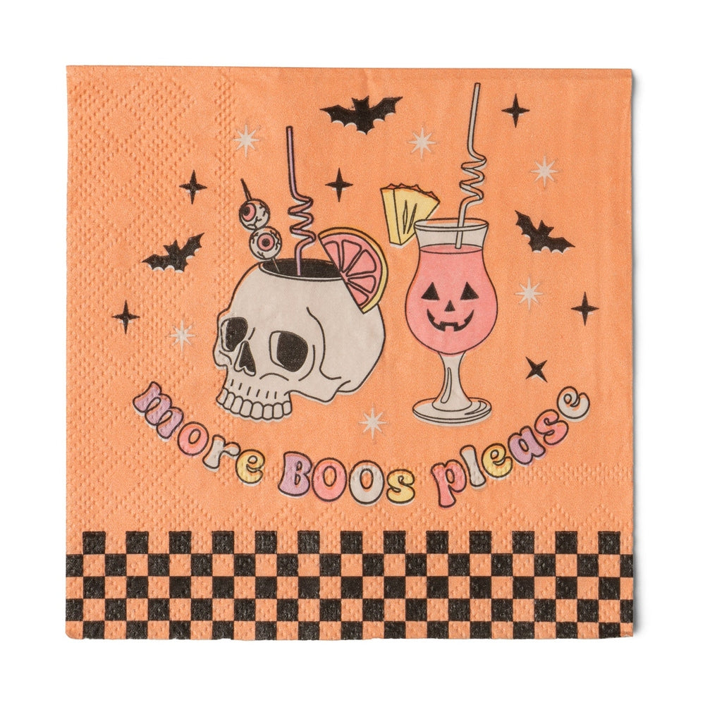 Orange cocktail napkin with a skull cup, jack-o'-lantern drink, bats and "more BOOs please"