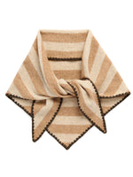 Oatmeal and tan striped triangle scarf with blanket stitch trim