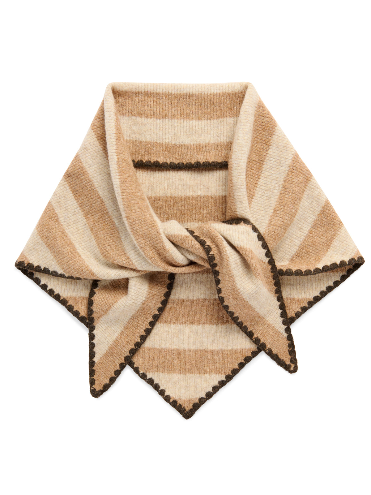 Oatmeal and tan striped triangle scarf with blanket stitch trim