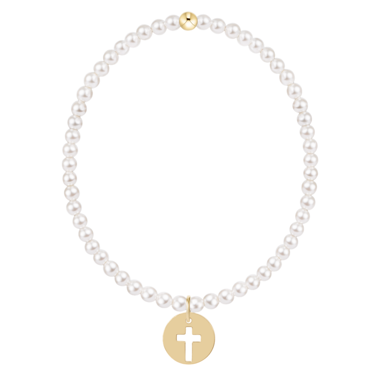 White pearl stretch bracelet with a gold disc charm with a cutout cross