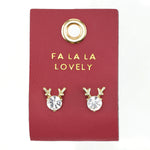 Crystal stud earrings with gold reindeer antlers on a red card reading "Fa La La Lovely"
