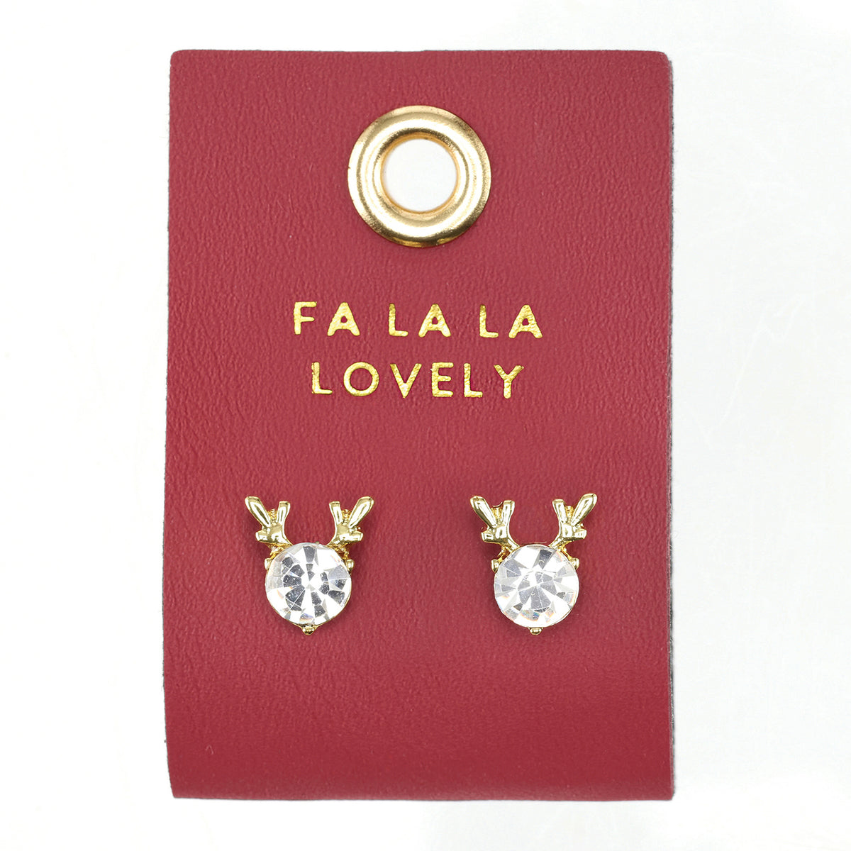 Crystal stud earrings with gold reindeer antlers on a red card reading "Fa La La Lovely"