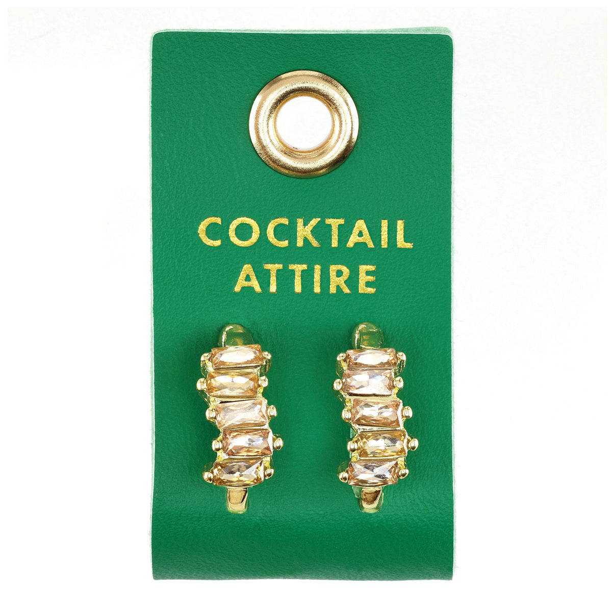 Gold crystal cluster earrings on a green Cocktail Attire card