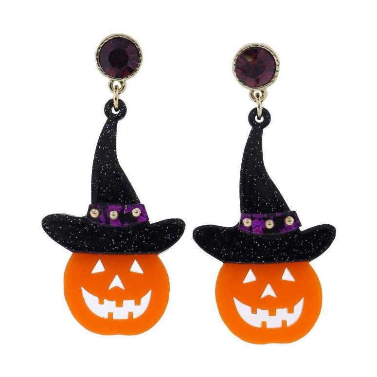 Pumpkin in Witch Hat with Purple Crystal Post Earring