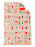 Patterned fabric with colorful designs on a white background