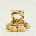 Plush tiger toy with orange and black striped fur and a white muzzle