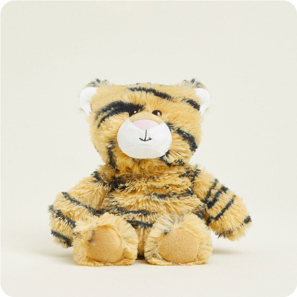 Plush tiger toy with orange and black striped fur and a white muzzle