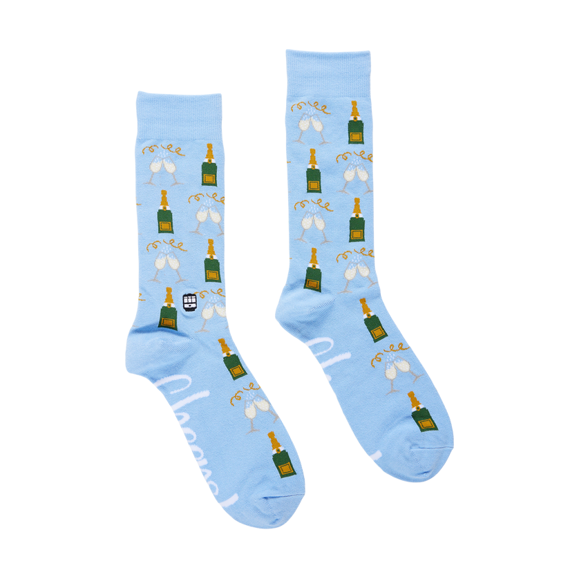 Light blue socks with wine bottle and glass designs on a white background