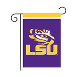 LSU garden flag with purple background and yellow and white tiger logo.