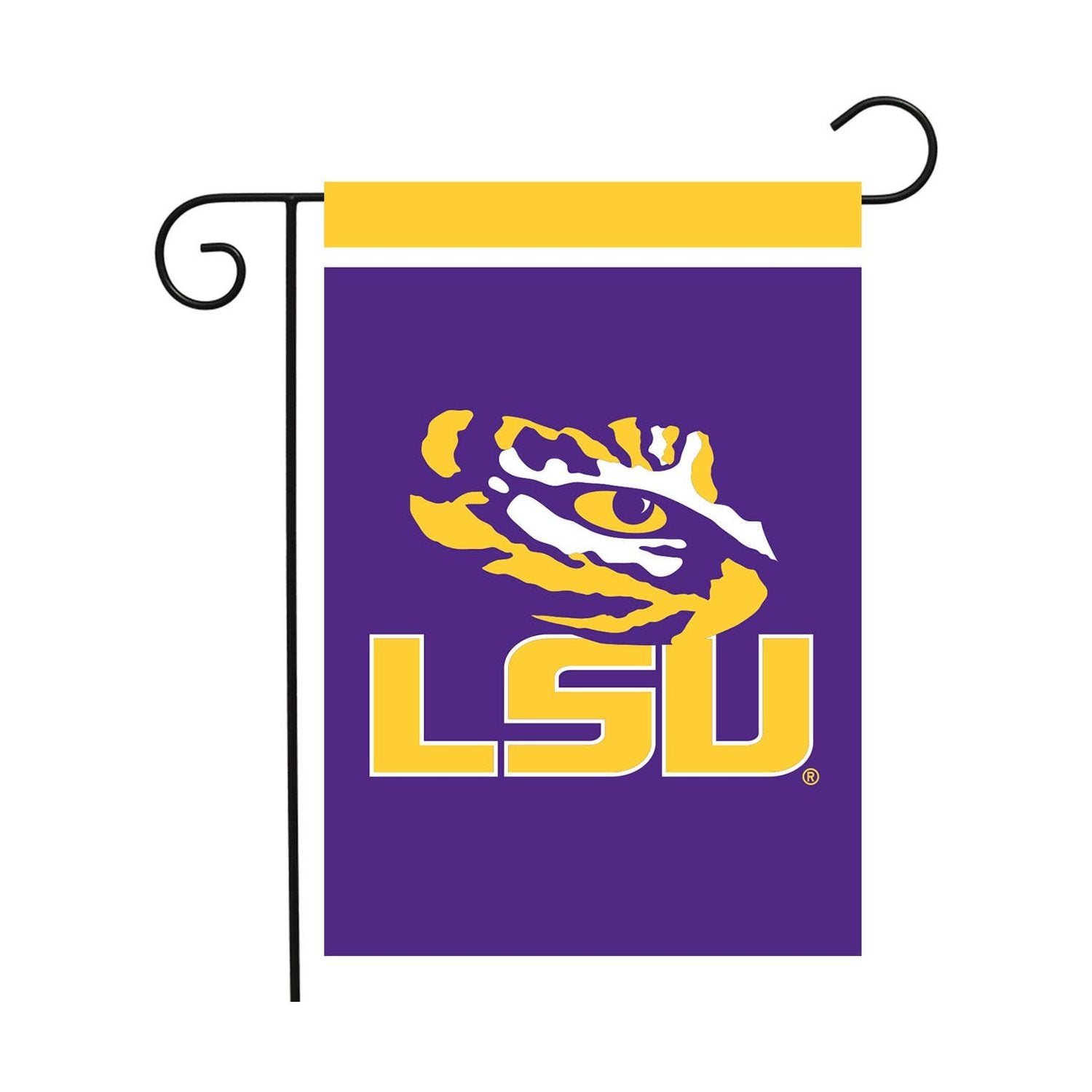 LSU garden flag with purple background and yellow and white tiger logo.