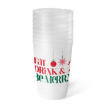 Stack of frosted party cups printed "Eat Drink & Be Merry" with ornaments
