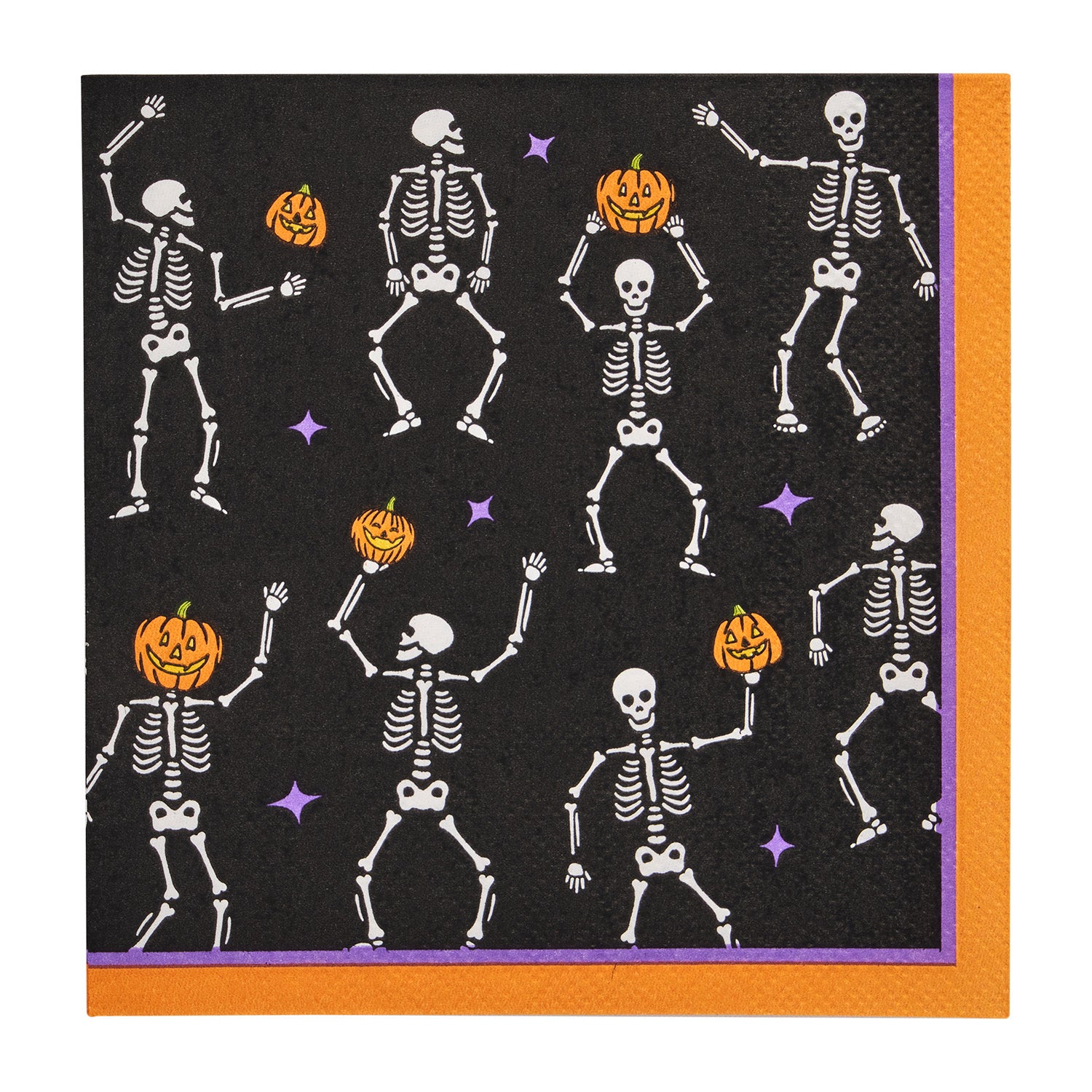Black paper napkin with a pattern of dancing skeletons and jack o lanterns