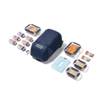 Navy blue food storage system with various containers and items on a white background