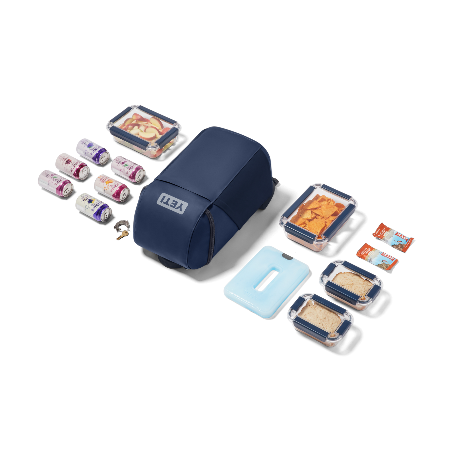 Navy blue food storage system with various containers and items on a white background