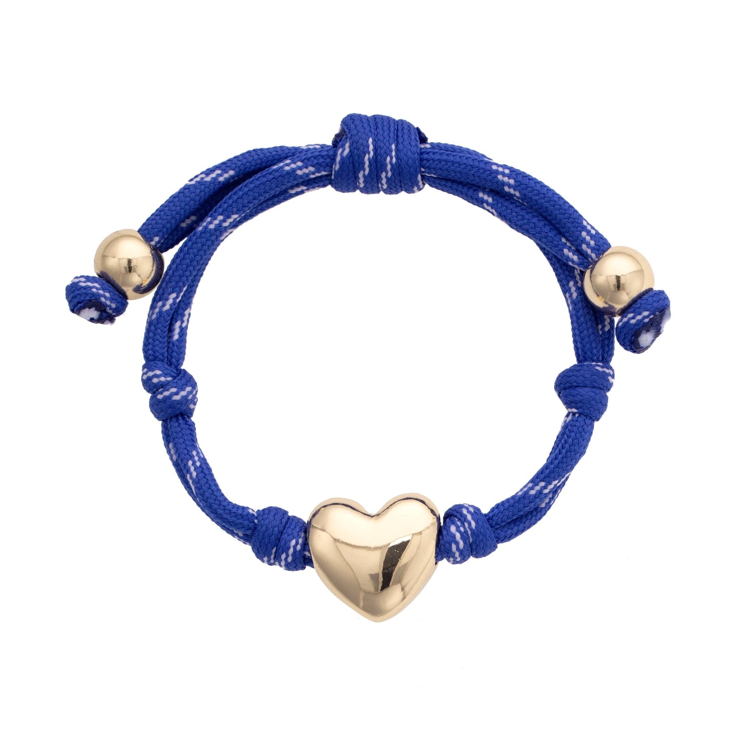 Blue bracelet with gold heart charm and beads on a white background