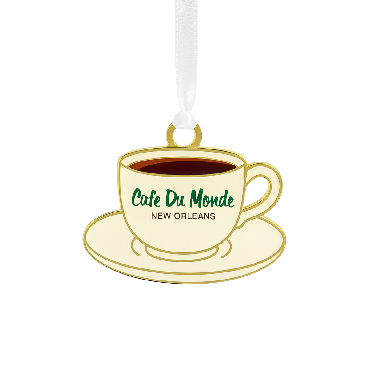 Gold and enamel Café Du Monde New Orleans coffee cup and saucer ornament on a white ribbon