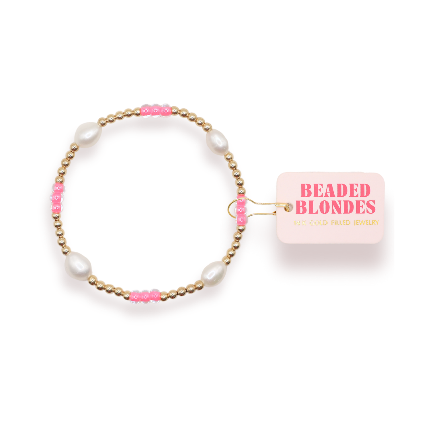 Beaded bracelet with pink and gold accents next to a 'Beaded Blondes' box on a white background