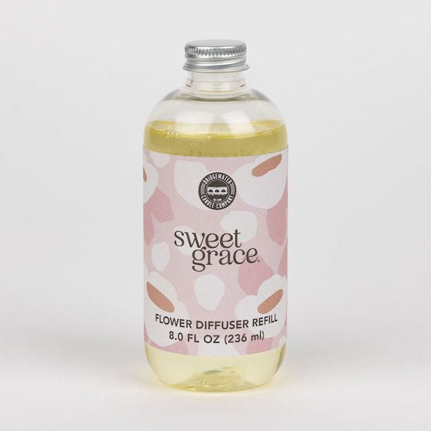 Clear 8 oz Sweet Grace flower diffuser refill bottle with a pink patterned label and silver cap