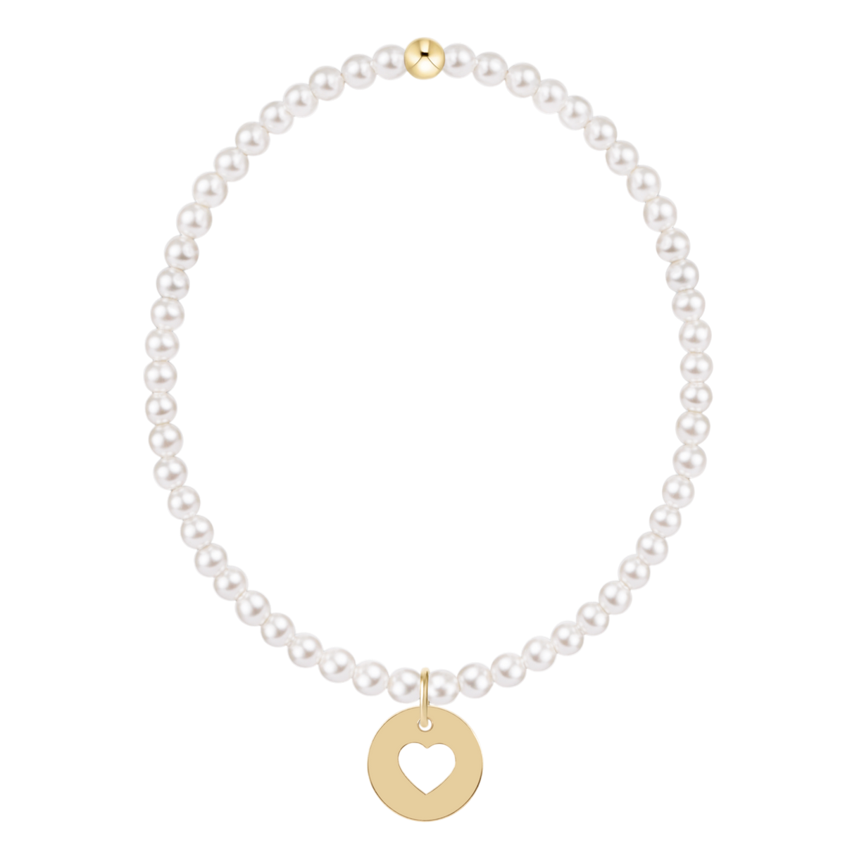 White pearl stretch bracelet with a gold disc charm with a cutout heart