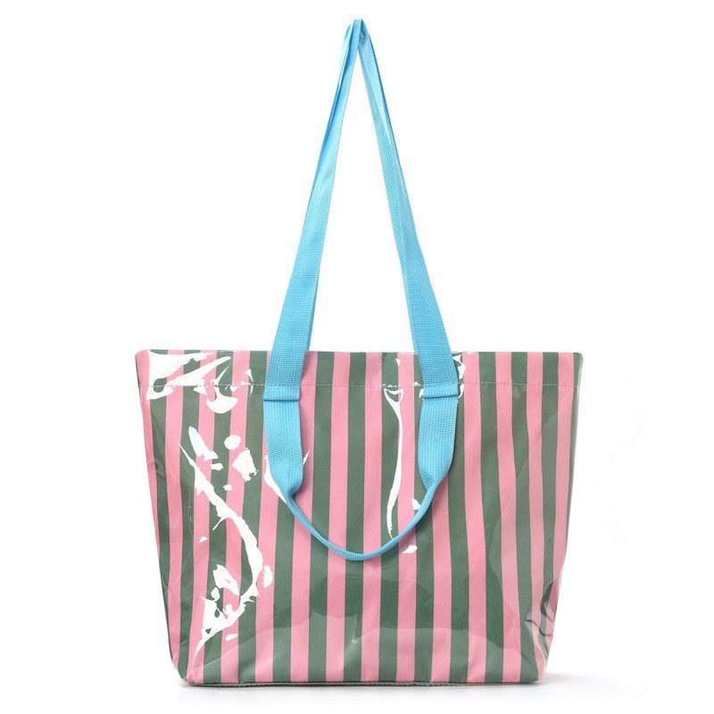 Pink/Green Large Striped Vinyl Shoulder Bag