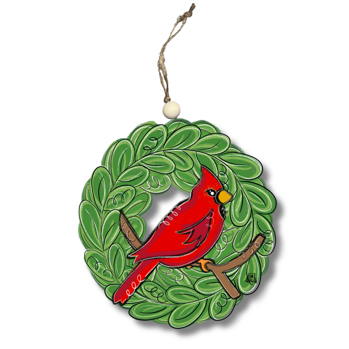 Acrylic ornament of a red cardinal perched inside a green leafy wreath