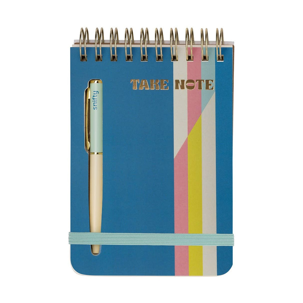 Navy Take Note spiral notebook with a cream pen