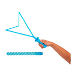 Blue bubble wand held by a hand on a white background