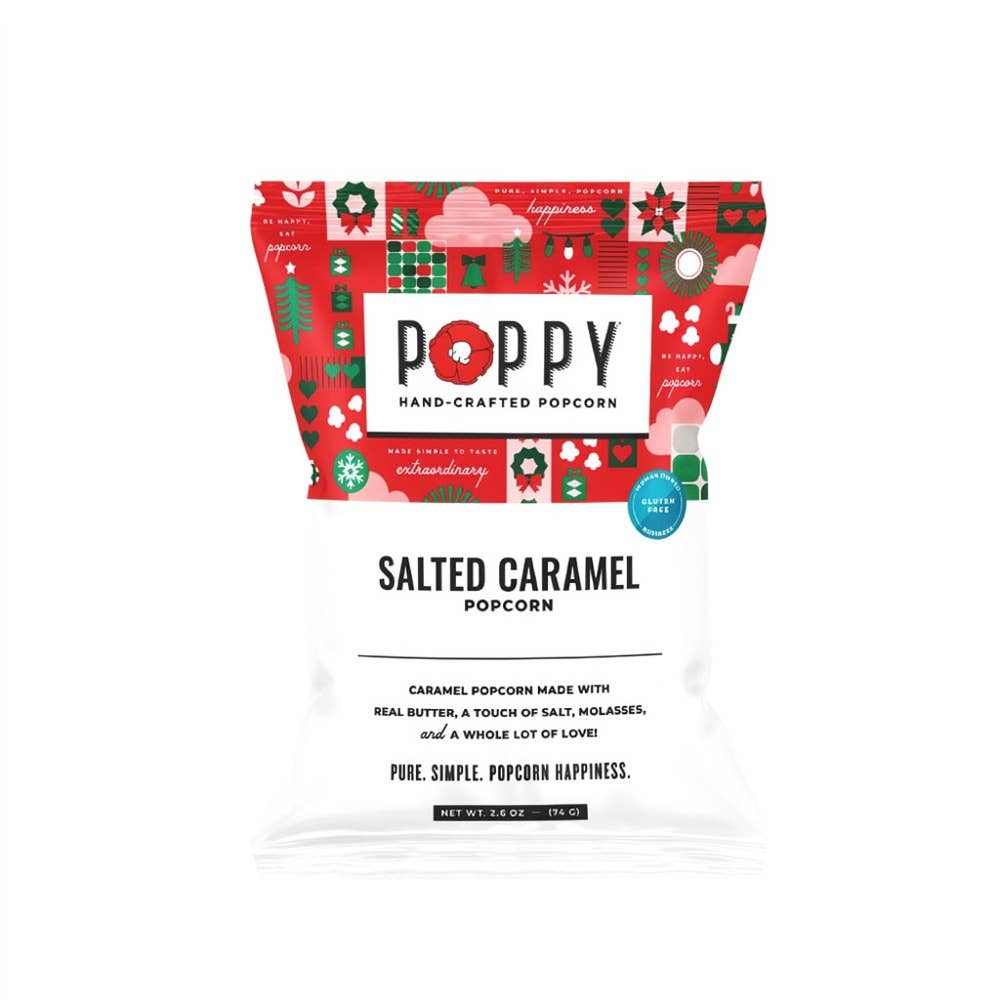 Poppy Salted Caramel popcorn bag in a red and green holiday print