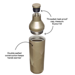 Beige insulated bottle with threaded, leak-proof cap and double-walled construction on a white background