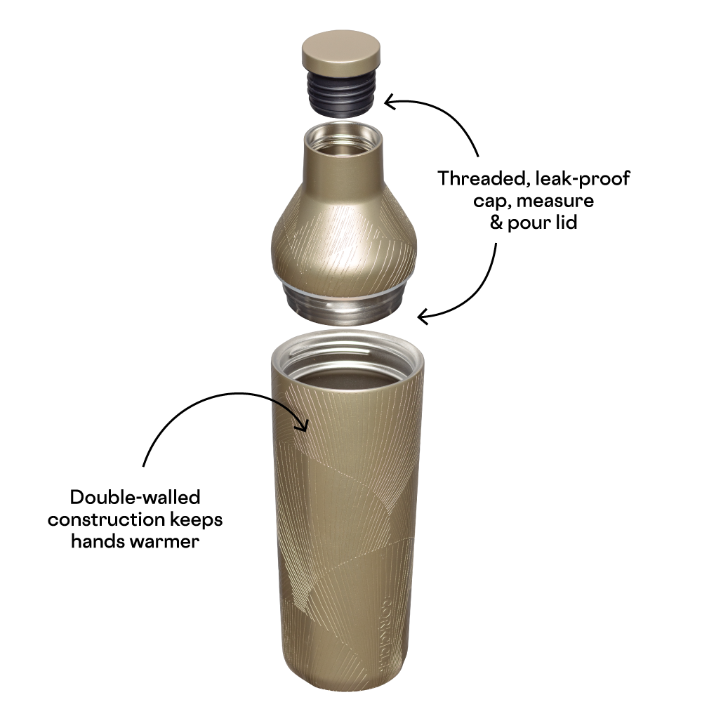 Beige insulated bottle with threaded, leak-proof cap and double-walled construction on a white background