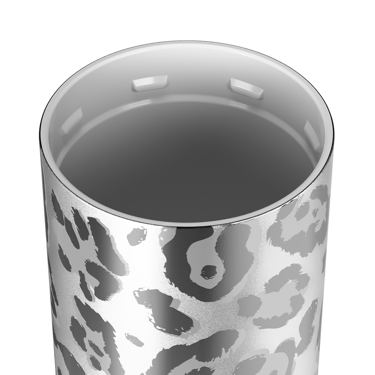 Top view into an open metallic leopard print tumbler showing its light gray lined interior