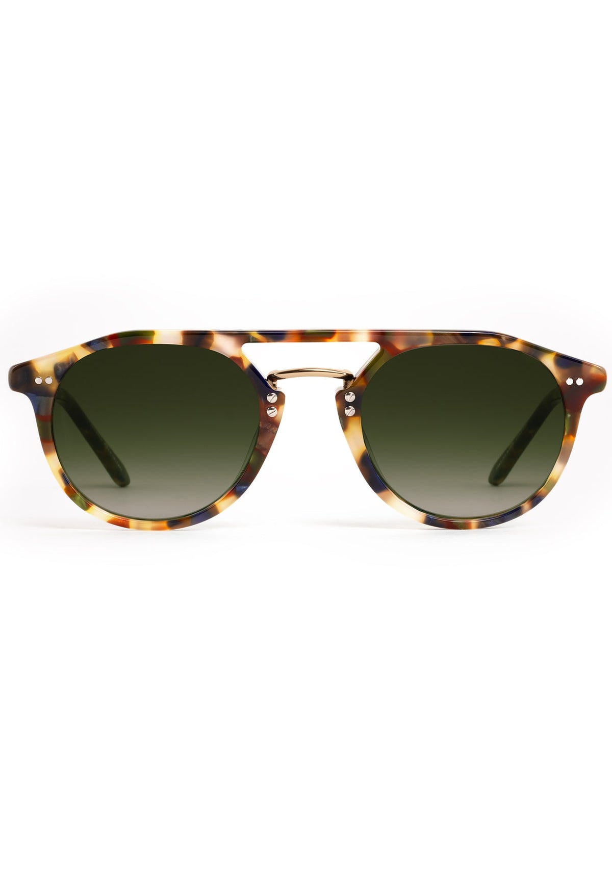 Tortoiseshell round sunglasses with a gold metal bridge