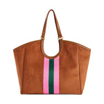 Brown suede tote bag with pink and green vertical stripe detail and brown leather handles