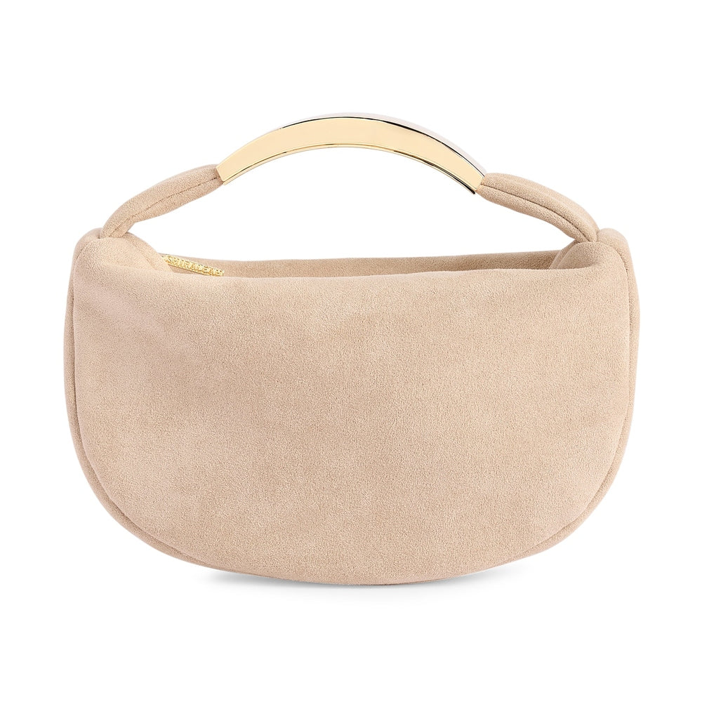 Beige suede crescent shaped handbag with a gold metal top handle