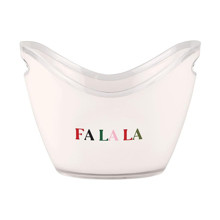 Clear plastic ice bucket with Fa La La text in red pink and green