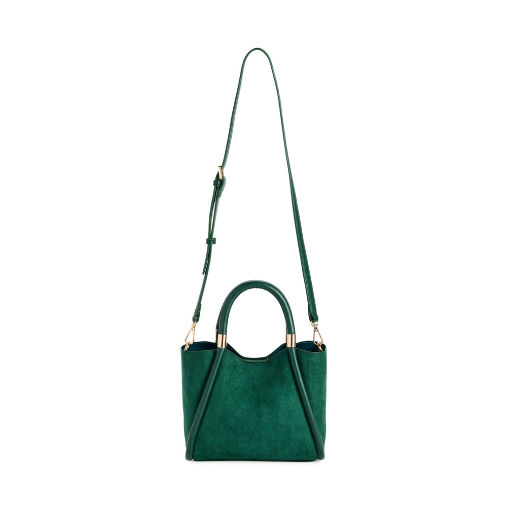 Dark green suede handbag with top handles and adjustable shoulder strap