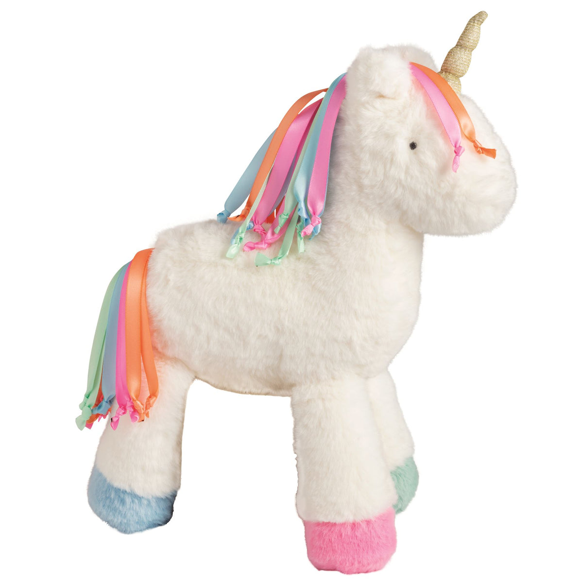 White unicorn plush with a rainbow mane and gold horn