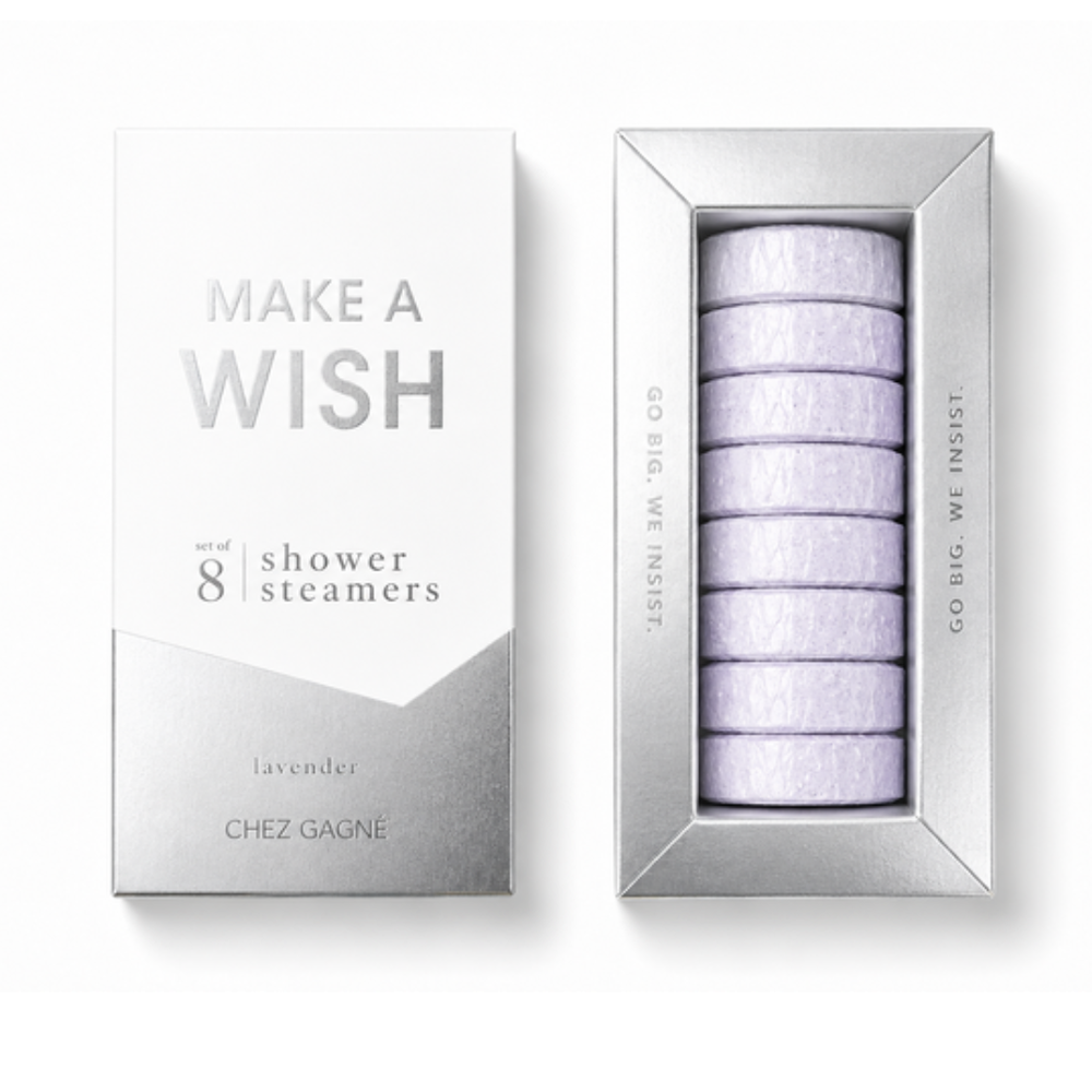 Chez Gagné "Make a Wish" silver box of 8 lavender shower steamers shown closed and open