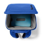 Blue pet carrier with open lid on a white background