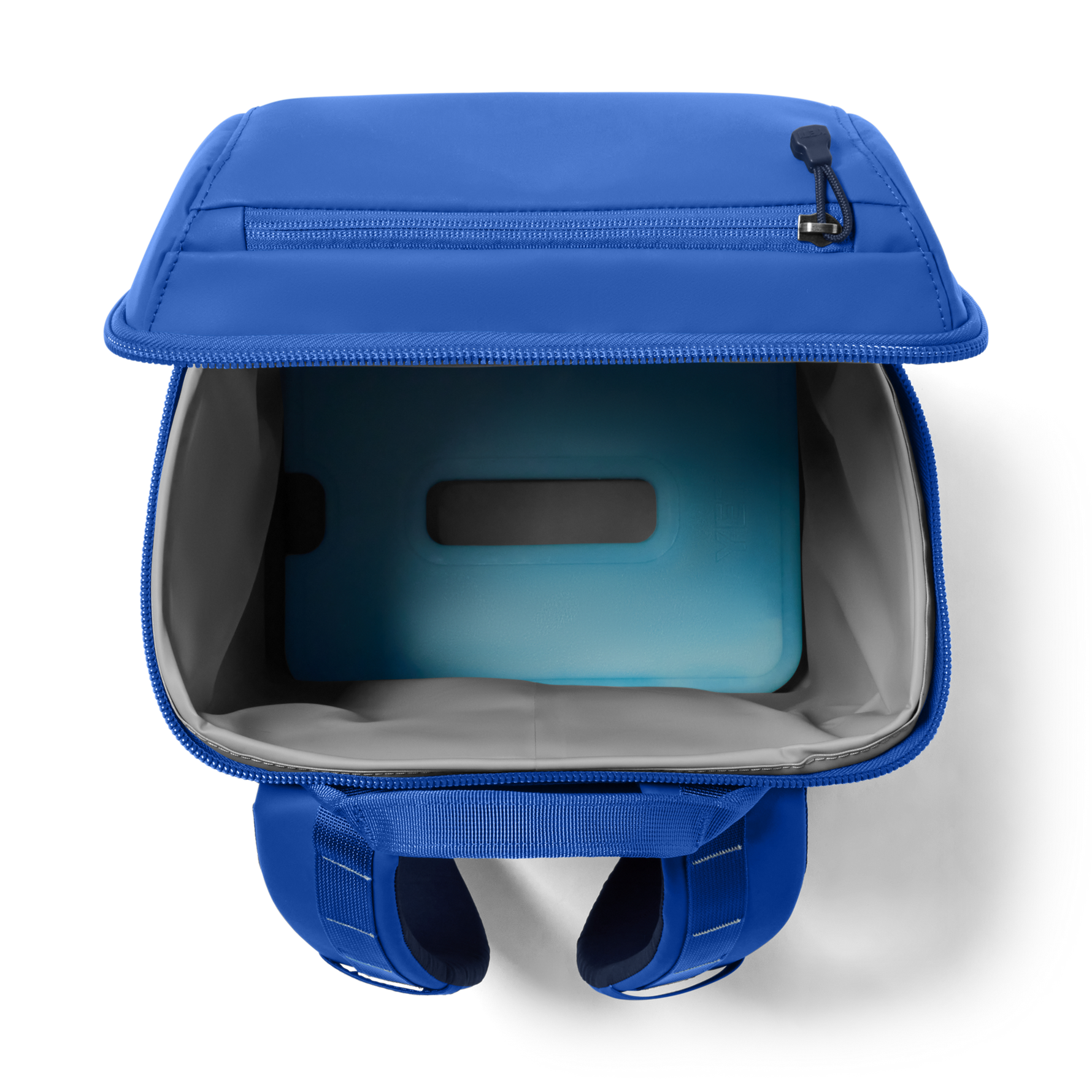 Blue pet carrier with open lid on a white background