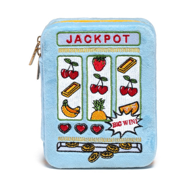 Blue jewelry zip case with an embroidered Jackpot slot machine