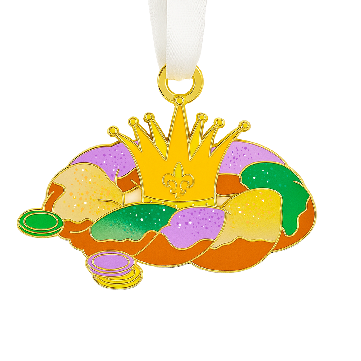 Gold and enamel king cake ornament in purple, green and gold with a crown and doubloons on a white ribbon