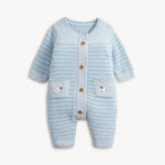 Fuzzy light blue and white striped knit baby romper with wooden buttons and lamb patch pockets