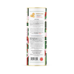 Back of a Poppy Reindeer Crunch popcorn tin with brand story and nutrition facts