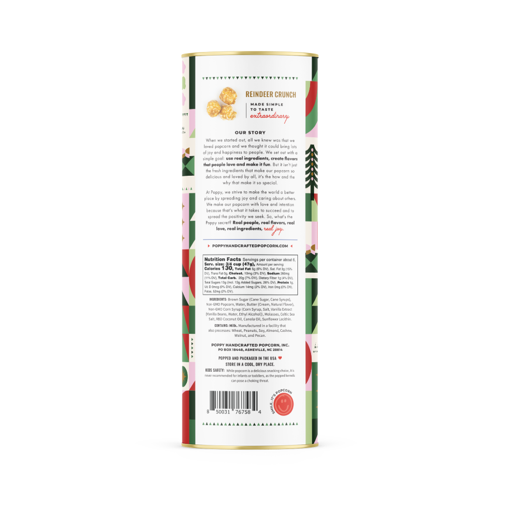 Back of a Poppy Reindeer Crunch popcorn tin with brand story and nutrition facts