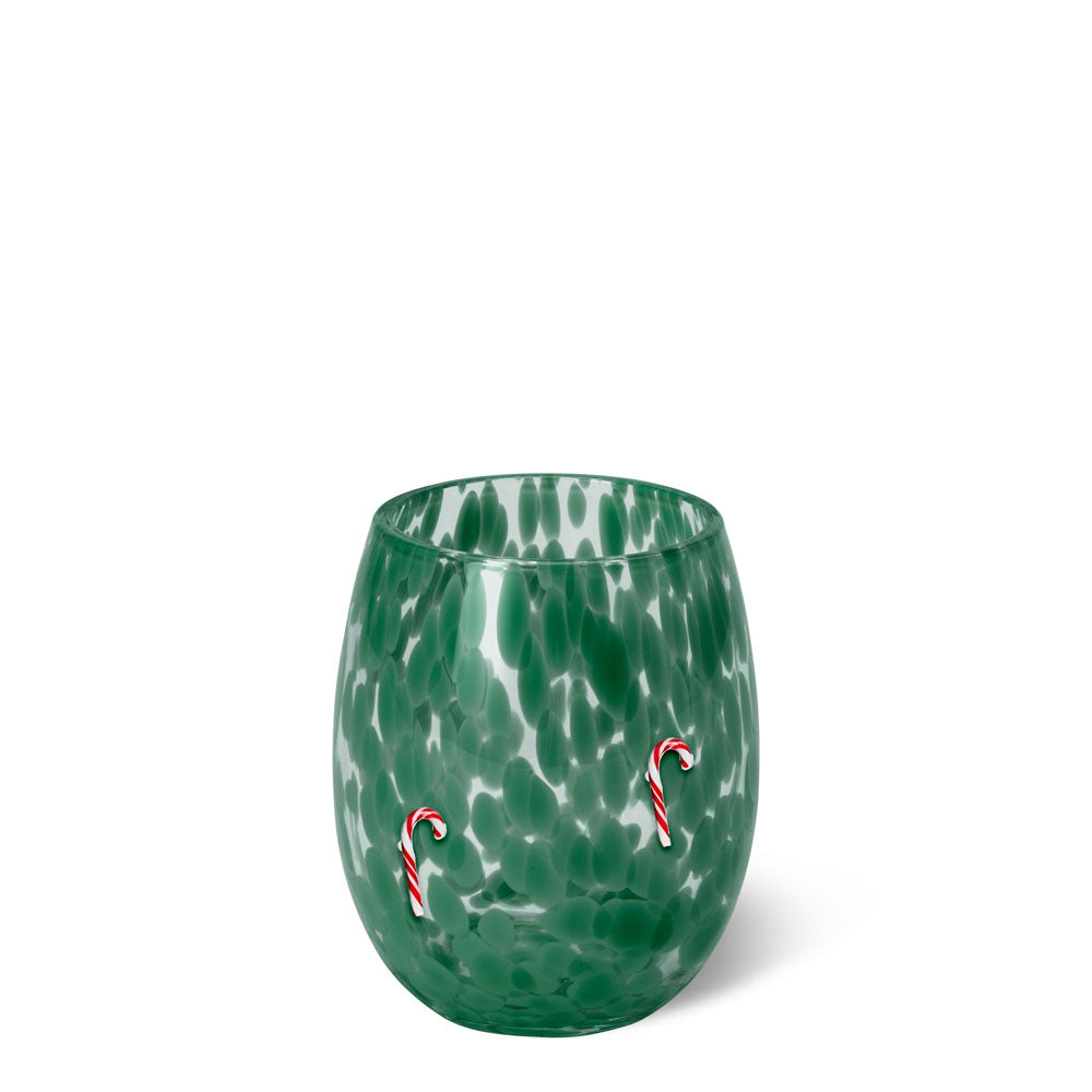 Green and white speckled stemless wine glass with candy cane charms