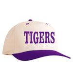 Cream baseball cap with purple brim and purple Tigers text