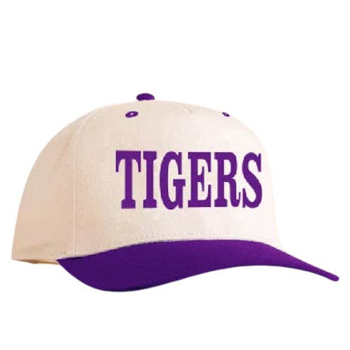 Cream baseball cap with purple brim and purple Tigers text