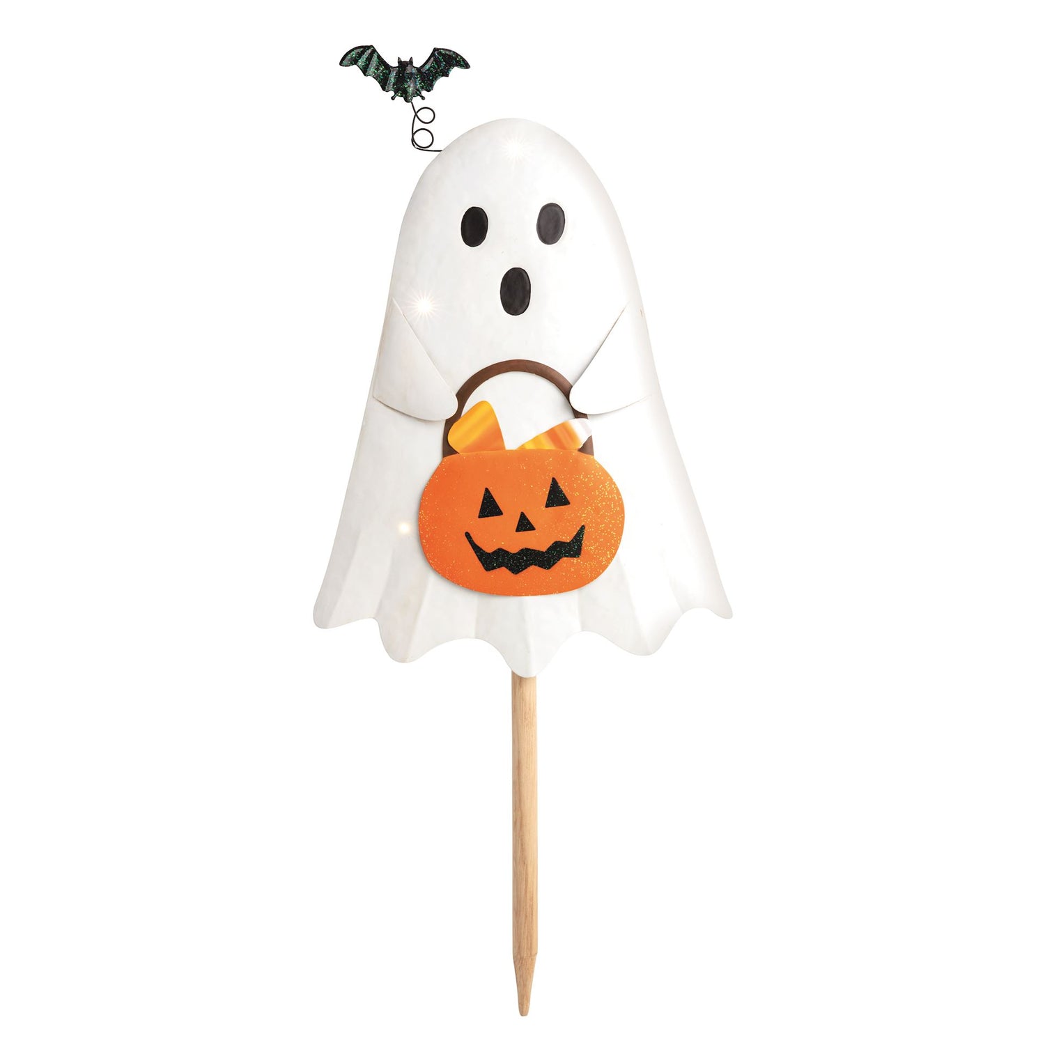 Painted metal yard stake of a white ghost holding an orange glittery jack-o'-lantern bucket filled with candy corn and topped with a green glitter bat on a spring against a white background
